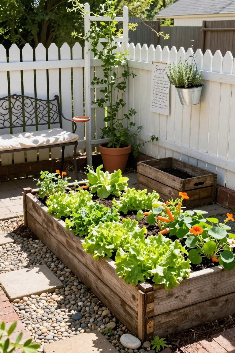 Wooden raised garden bed on a gravel patio filled with green lettuce, orange carrots, and yellow-orange nasturtium flowers, adjacent to a white picket fence, potted plants, wooden crates, and a metal bench with cushions.