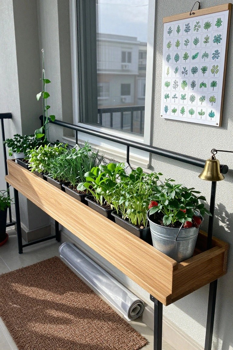 Wooden raised planter box on black metal legs along a balcony railing, filled with black nursery pots of green herbs and leafy greens, plus a metal bucket of strawberry plants.