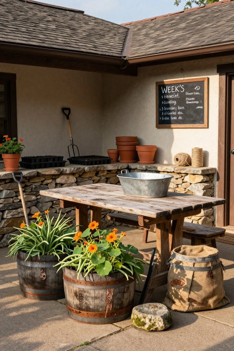 Outdoor patio corner with rustic wooden table and bench, two large barrel planters holding green leafy plants and orange flowers, clay pots stacked nearby, galvanized bucket on table, garden tools, seed trays, and chalkboard sign reading "Week's Harvest" on beige stucco wall under roof overhang.