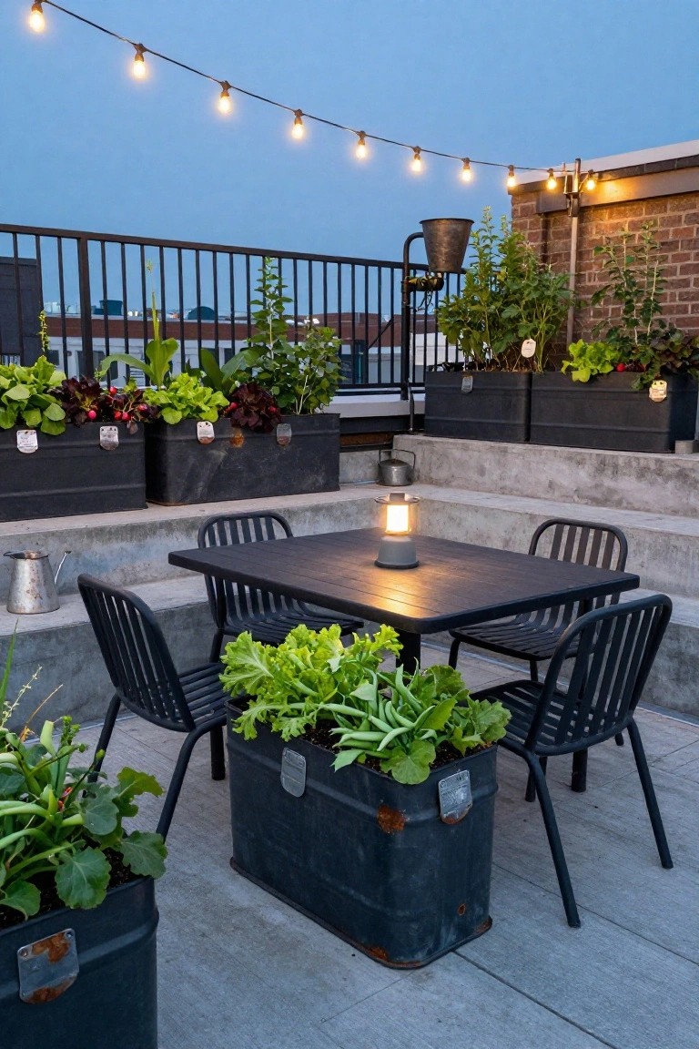 Rooftop patio with black metal table, chairs, string lights, and planter boxes.
