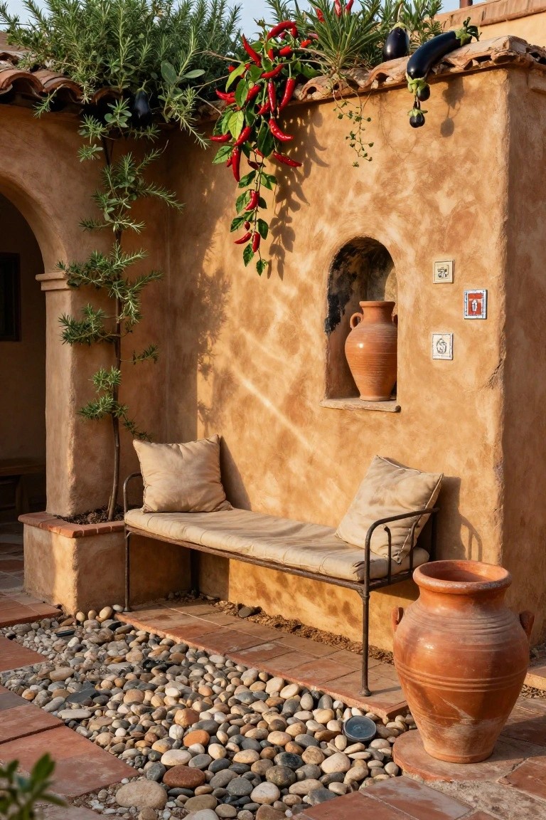 Adobe wall outdoor patio corner with cushioned bench, hanging chili peppers and eggplants from tiled roof edge, rosemary plants, terracotta pots, and pebble ground.