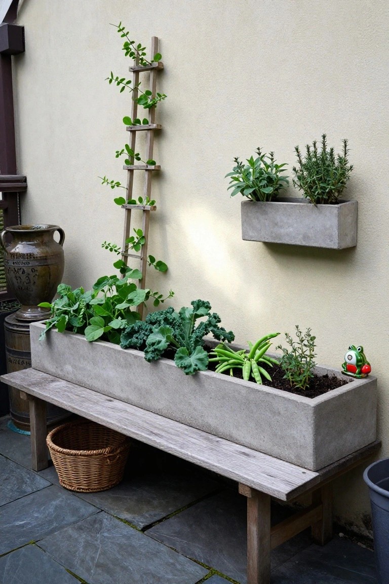 Gray concrete rectangular planter box filled with vegetables including kale, beans, and greens placed on a wooden bench on a stone patio, with a wooden trellis supporting climbing plants on a beige wall, wall-mounted herb planters, and decorative frog figures nearby.