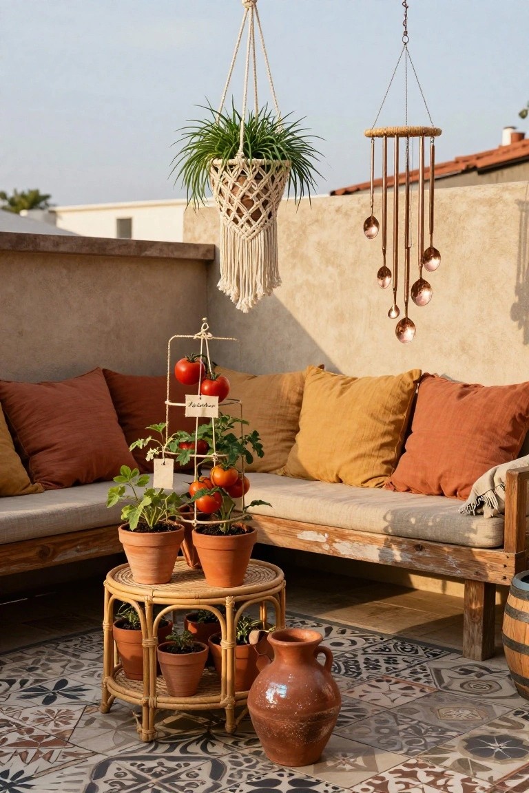 Outdoor patio corner featuring a metal tower with tomato plants next to a bench piled with terracotta and mustard cushions, potted plants on a rattan table, hanging macrame planter, spoon wind chimes, terracotta pots and vase on tiled floor against beige walls.