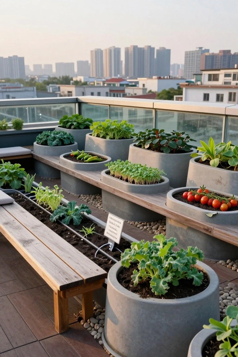 Rooftop balcony with gray concrete pots of various sizes containing vegetables including tomatoes, peppers, kale, and greens, arranged along a wooden bench with a linear soil bed and irrigation tubing, against an urban skyline backdrop.