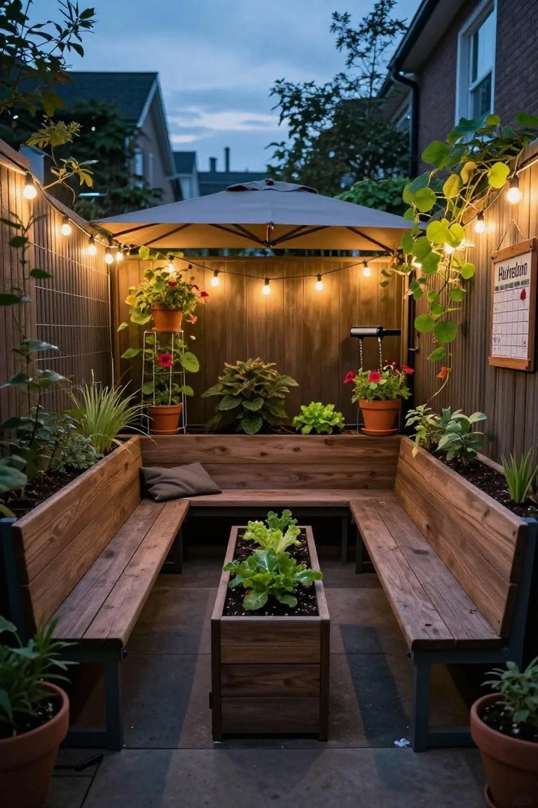 Small outdoor seating area featuring L-shaped wooden benches integrated with planter boxes growing lettuce and greens, surrounded by potted plants, string lights, and a patio umbrella in a fenced yard at dusk.