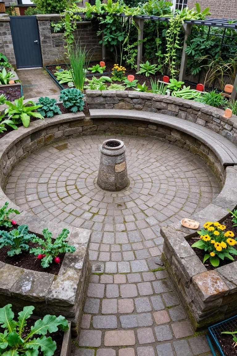 Overhead photo of a circular gray brick-paved patio with a central stone pillar and surrounding curved stone bench, edged by raised beds of vegetables including kale, beans, beets, and flowers in a walled garden space.
