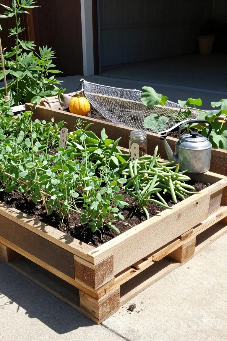 Raised garden bed constructed from wooden pallets filled with growing vegetables including beans, peas, and broad beans, with a small pumpkin, netted area, watering can, and jar nearby next to a garage door on a concrete surface.