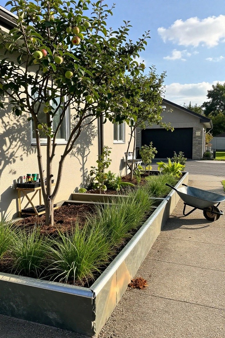 Side yard next to a beige house featuring linear metal raised garden beds planted with grasses and other plants, a small apple tree, potted seedlings on a wooden shelf, and a wheelbarrow on a concrete driveway.