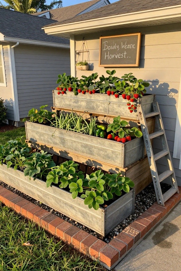 Three tiers of galvanized metal troughs planted with strawberries, green beans, peppers, green onions, and other vegetables, stacked on a wooden ladder frame against a beige house exterior with a chalkboard sign reading