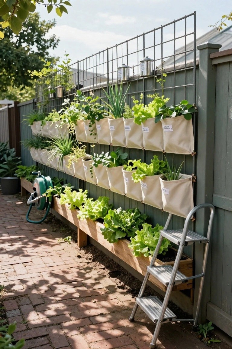 Green wooden fence with grid panels supporting rows of beige fabric pocket planters filled with lettuce, herbs, and other vegetables, wooden raised bed at base with more plants, green hose reel, and silver stepladder on brick path.