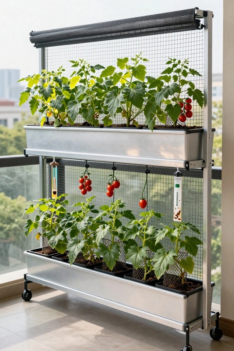 Metal vertical gardening rack on wheels with two tiers of planters growing tomato plants, mesh netting for support, retractable shade screen, and hanging traps on an urban balcony.