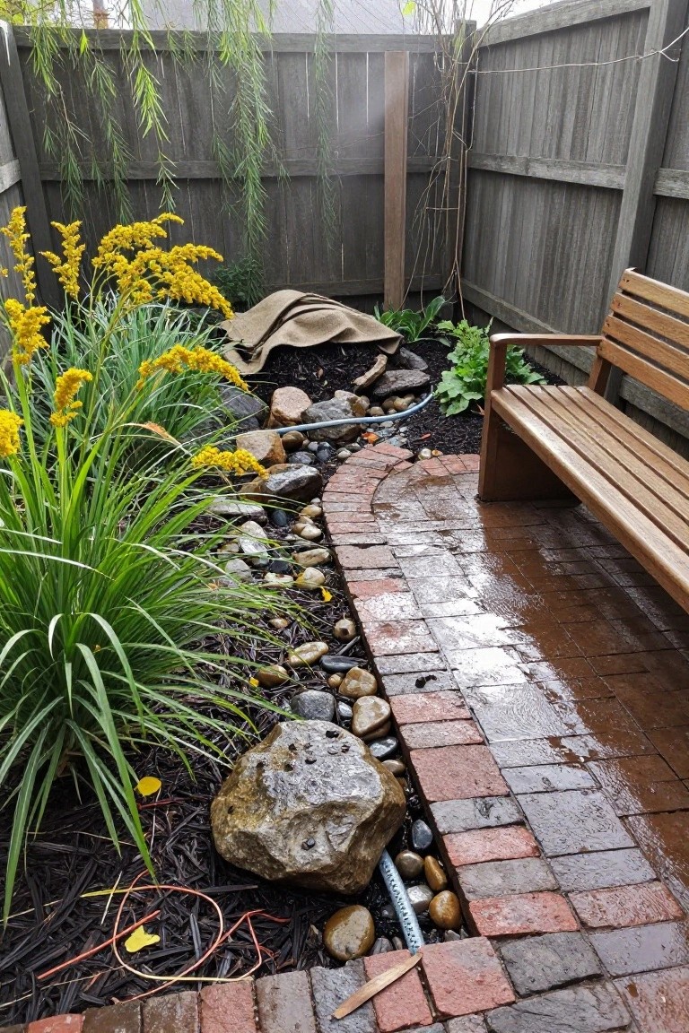 Small backyard garden after rain with curved red brick path edged by rocks and mulch beds, yellow flowering plants, green grasses, large stones, blue hose, and wooden bench against wooden fences.