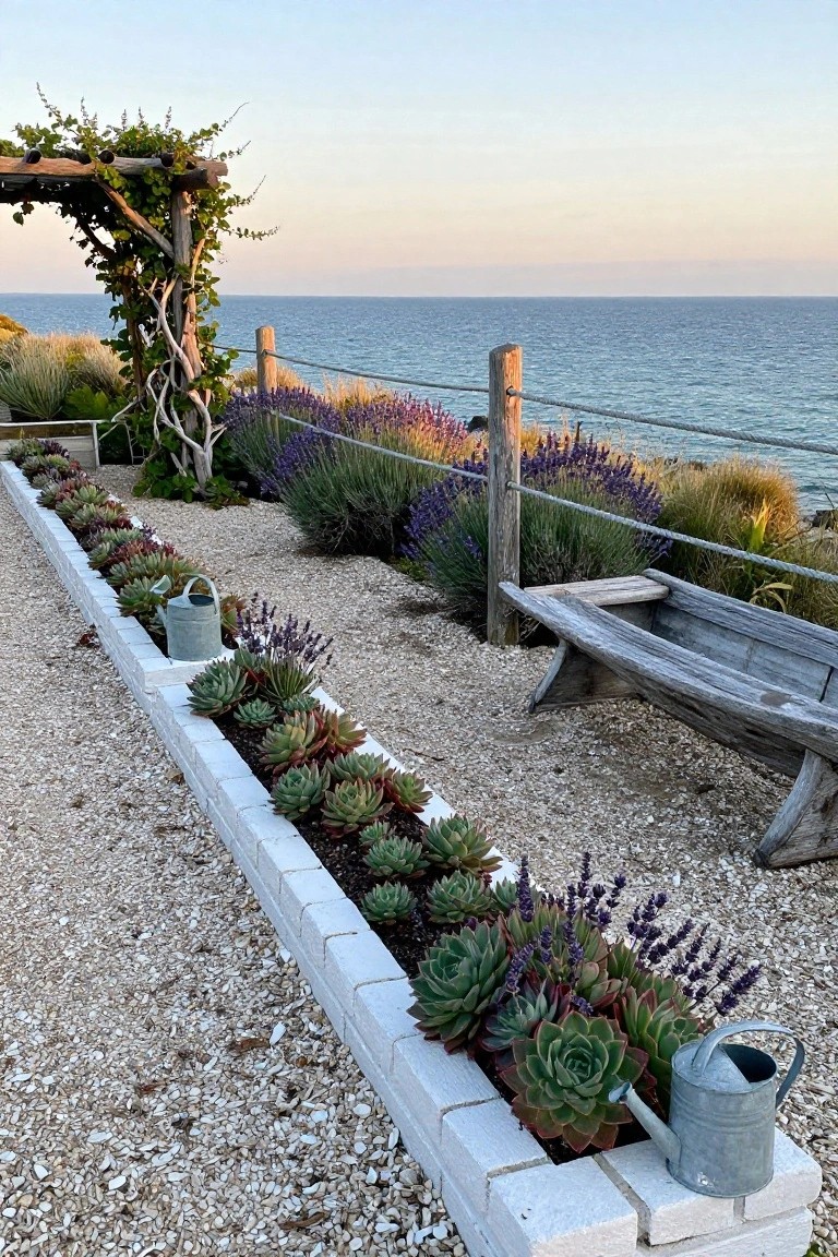 White brick raised beds planted with green and red-tinged succulents and purple lavender flowers line a gravel path next to a wooden arbor and driftwood bench, with grasses and ocean view in the background at sunset.