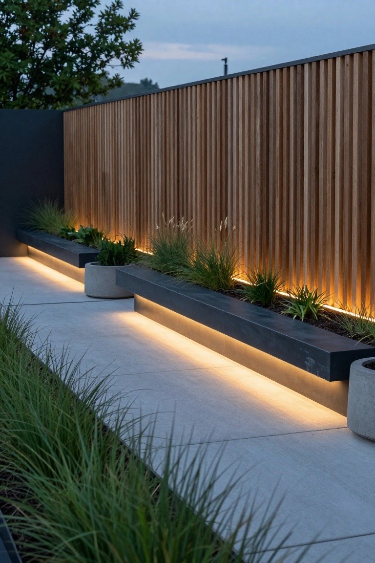 A concrete garden path flanked by black raised planters filled with grasses and plants, with white LED lighting glowing from underneath the planters, beside a tall wooden slat fence and more grasses.