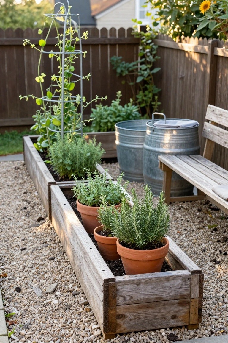 Wooden raised bed planters filled with herbs along a gravel path in a backyard, with potted rosemary plants, metal buckets, a wooden bench, and a metal trellis supporting climbing vines next to a wooden fence.