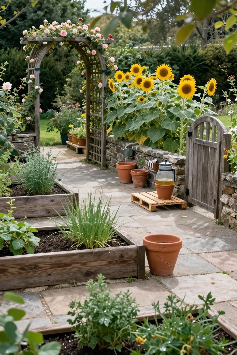 A garden path made of stone slabs flanked by wooden raised beds with plants, sunflowers and rose-covered wooden arch in the background, stone wall and gate on one side.