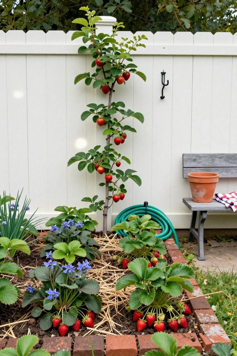 Raised brick garden bed filled with strawberry plants and clusters of blue borage flowers, next to a white picket fence with an espaliered fruit tree bearing red apples, a wooden bench, green hose, and terracotta pot nearby.