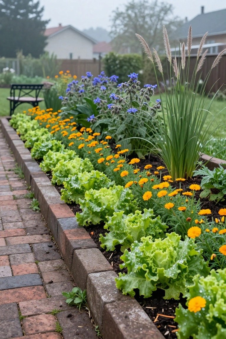Raised brick-edged garden bed along a brick path with rows of green lettuce heads interspersed with orange marigold flowers, blue borage clusters, and tall ornamental grasses in misty weather.