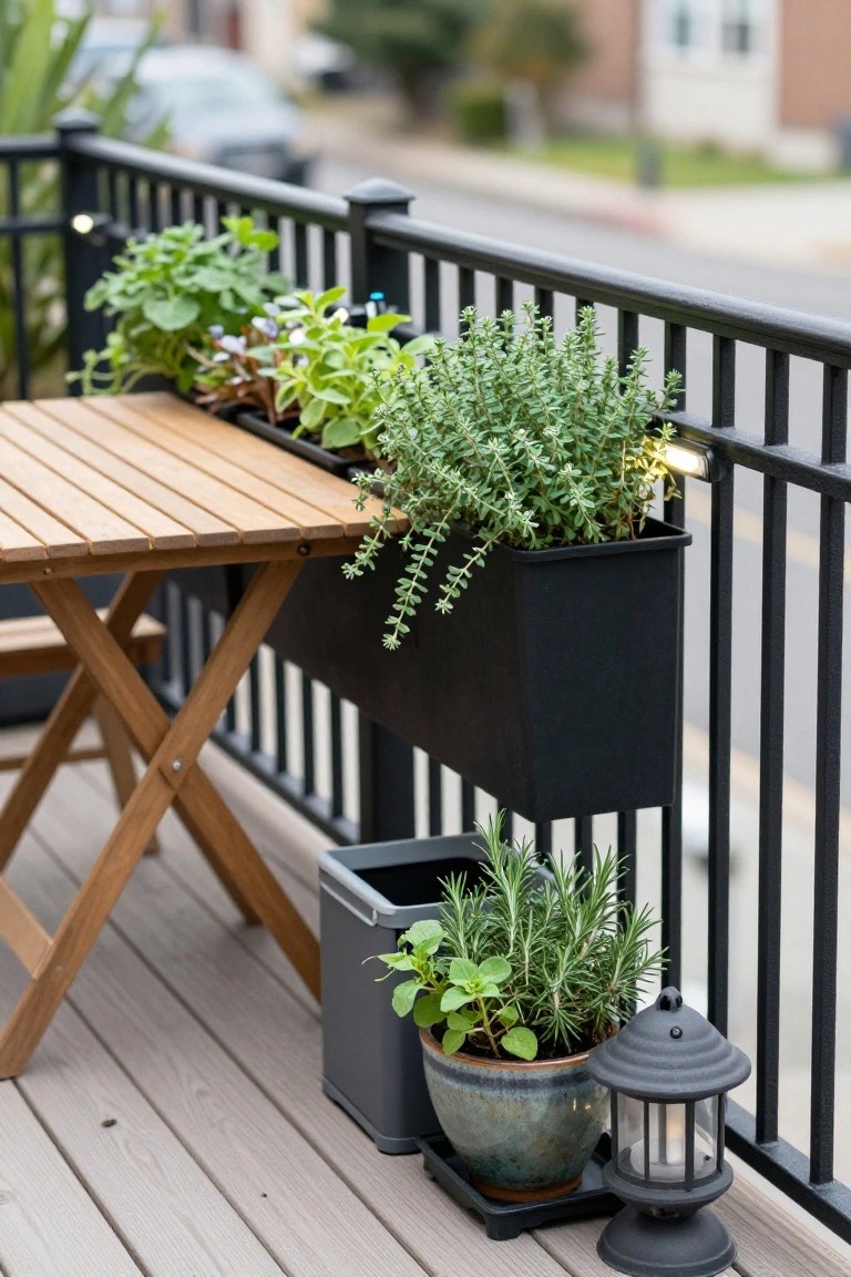 Black plastic planter mounted on a metal balcony railing filled with various herbs including rosemary and thyme, with a wooden table nearby and additional potted herbs on a gray deck.