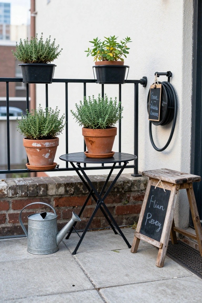 Balcony railing with four black plastic planters holding green herb plants, two terracotta pots on a small black metal table, a metal watering can, wooden stool with chalkboard sign, and coiled hose on white wall.