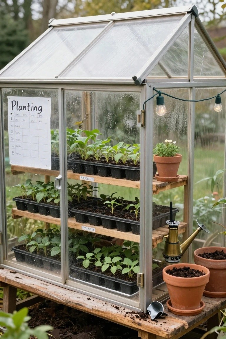 Small metal-framed greenhouse with glass panels on a raised wooden platform outdoors, featuring multiple wooden shelves holding black seedling trays and potted plants, plus string lights and a watering can nearby.