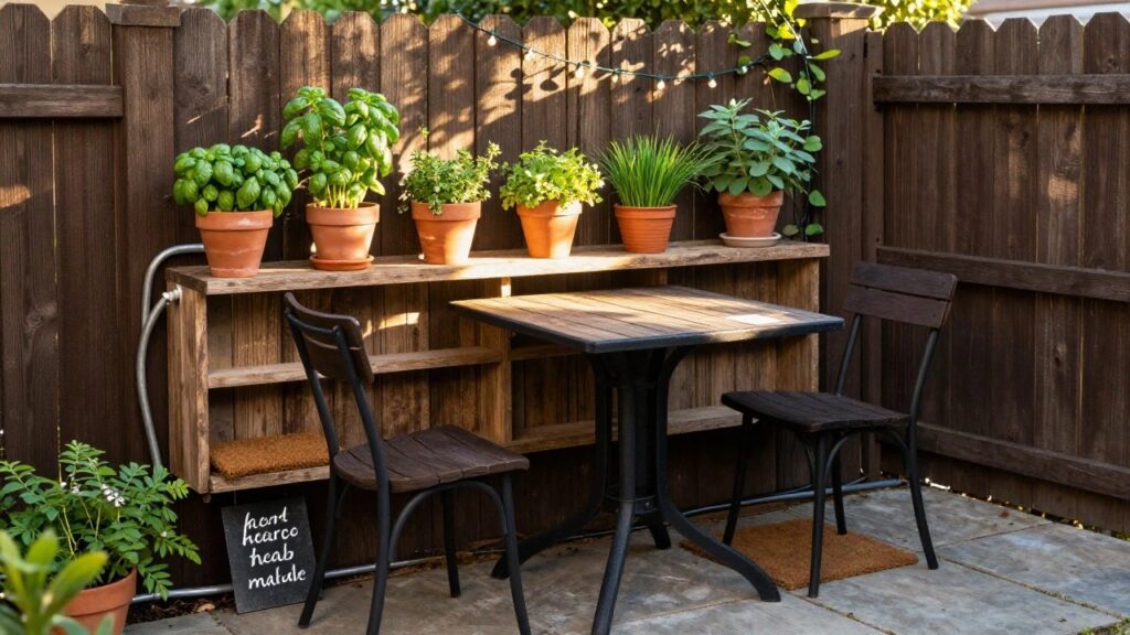 Wooden fence with tiered shelves holding terracotta pots of herbs including basil, a small round metal table with two wooden chairs in front, string lights draped along the fence, and surrounding potted plants on a stone patio.