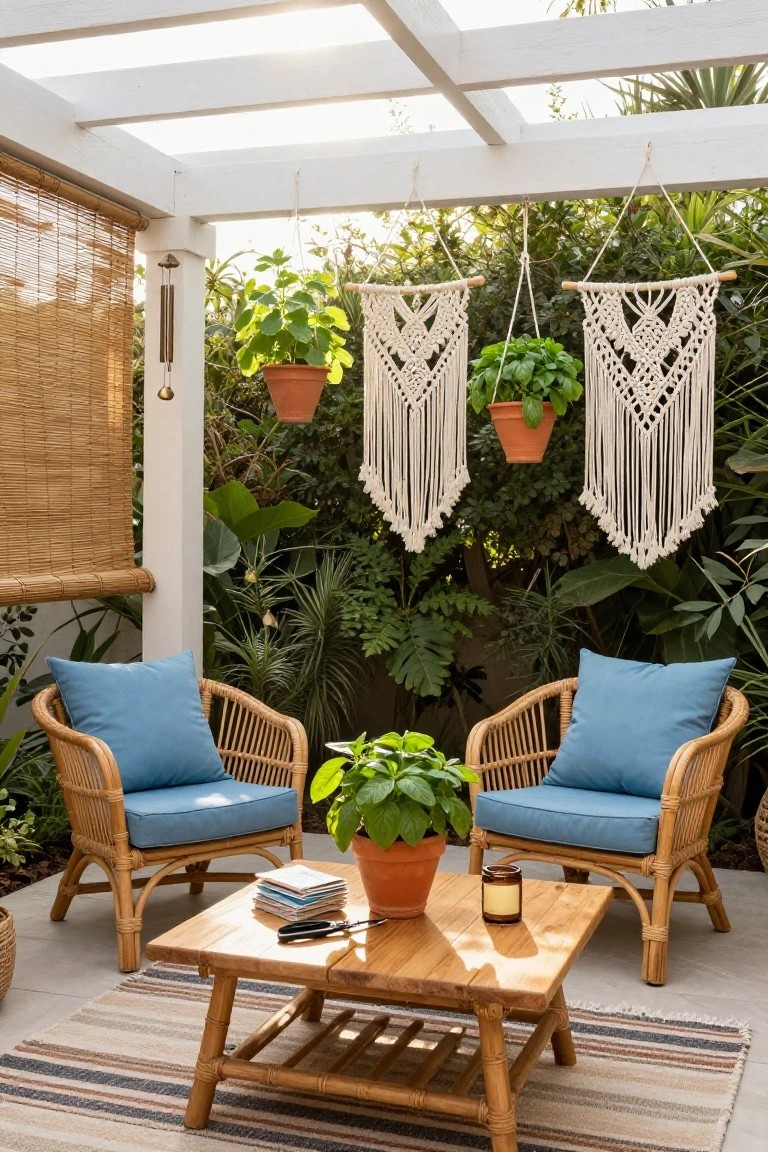 Outdoor patio under a white pergola with two blue cushioned rattan chairs around a wooden table, hanging white macrame planters with potted plants, additional potted plants nearby, and lush greenery in the background.