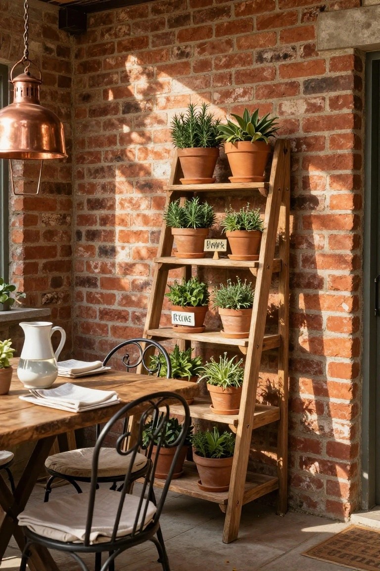 Wooden ladder shelf against brick wall with terracotta pots of herbs including rosemary and lavender, beside a wooden table and wrought iron chairs in a covered outdoor patio area.