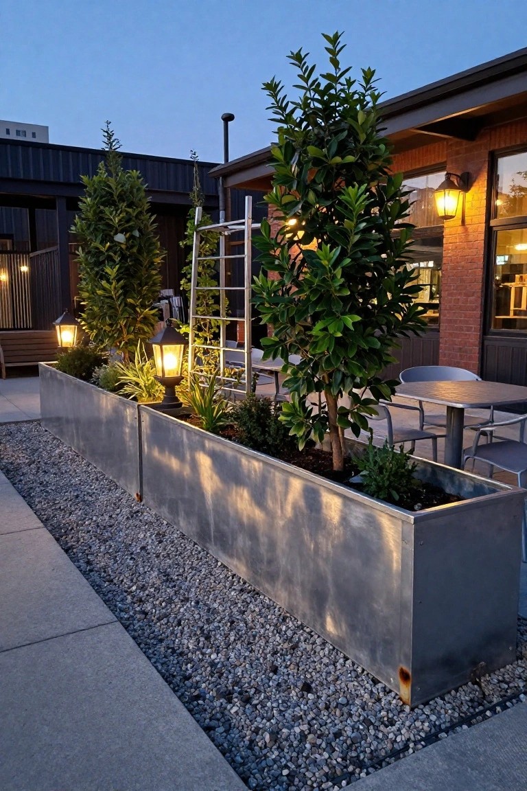 Long horizontal metal planters filled with herbs, small trees, and ground covers line a concrete patio edged in gravel, next to metal tables and chairs, with lantern lights and a brick building in the background at dusk.