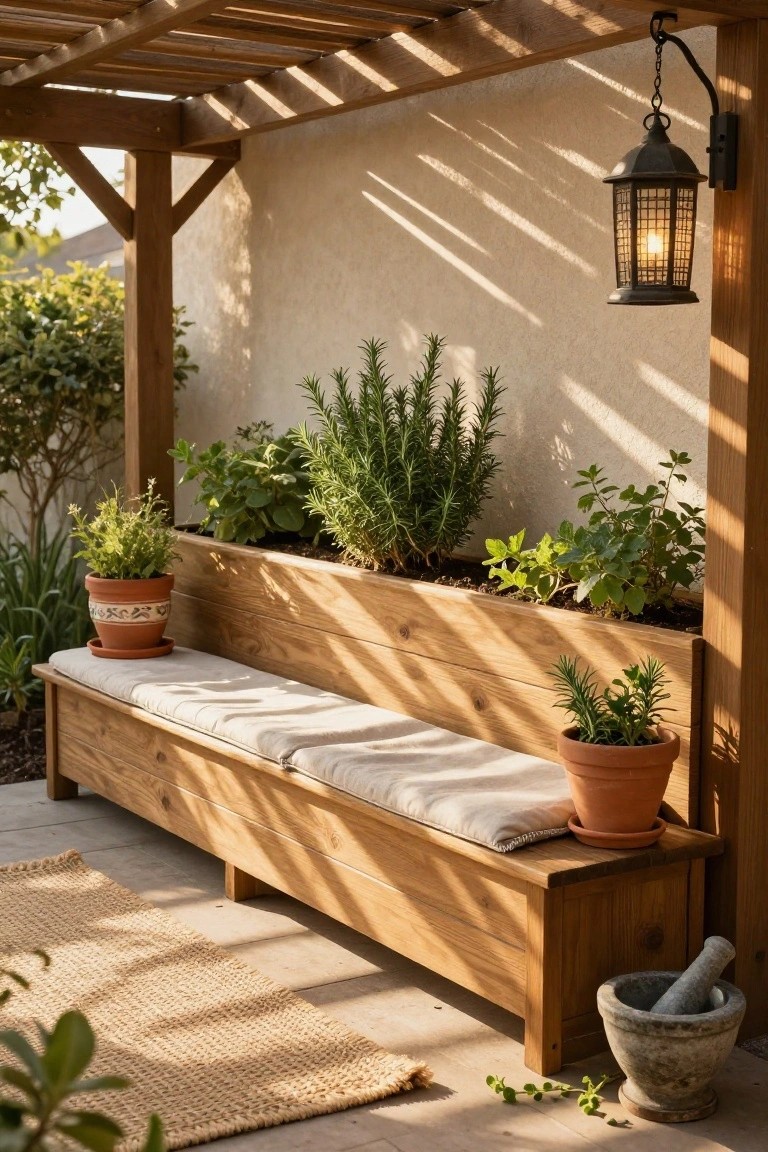 Wooden bench with beige cushions and built-in planters filled with herbs like rosemary under a pergola on a sunny patio, surrounded by potted plants, a woven rug, hanging lantern, and stone mortar and pestle.