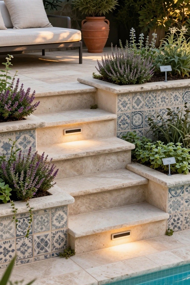 Stone patio steps with built-in rectangular planters containing purple lavender and green herbs on the sides and risers, accented by blue tiled details and LED step lights, adjacent to lounge seating and overlooking a pool.