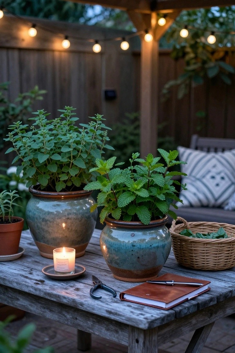 Patio table holding two large ceramic pots of oregano and mint plants, a lit candle on a saucer, pruning shears, leather notebook, and pen, with string lights and bench in a backyard pergola area at dusk.