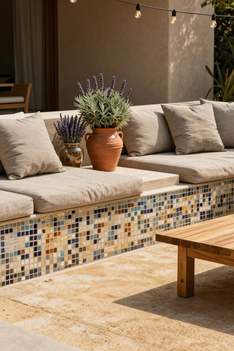 Outdoor patio bench with beige cushions along a low wall with colorful mosaic tile base, potted lavender and rosemary in terracotta pots placed on the bench, wooden table nearby, and string lights overhead.