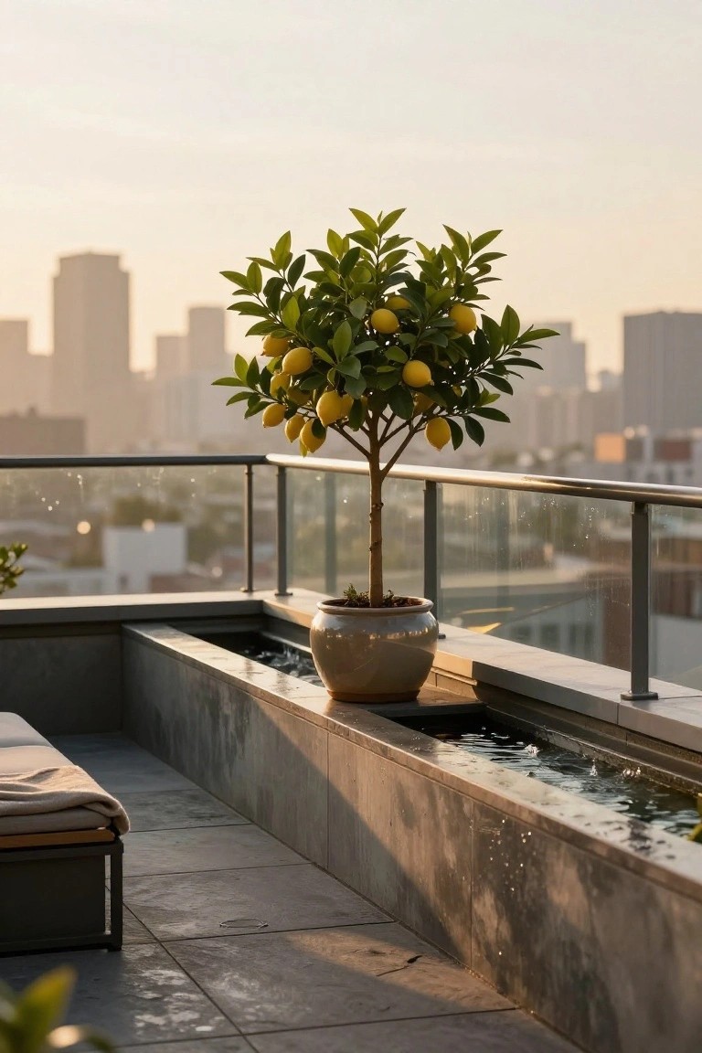Potted lemon tree with yellow fruit on a modern balcony terrace overlooking city skyscrapers, glass railing, water channel, and lounge chair.