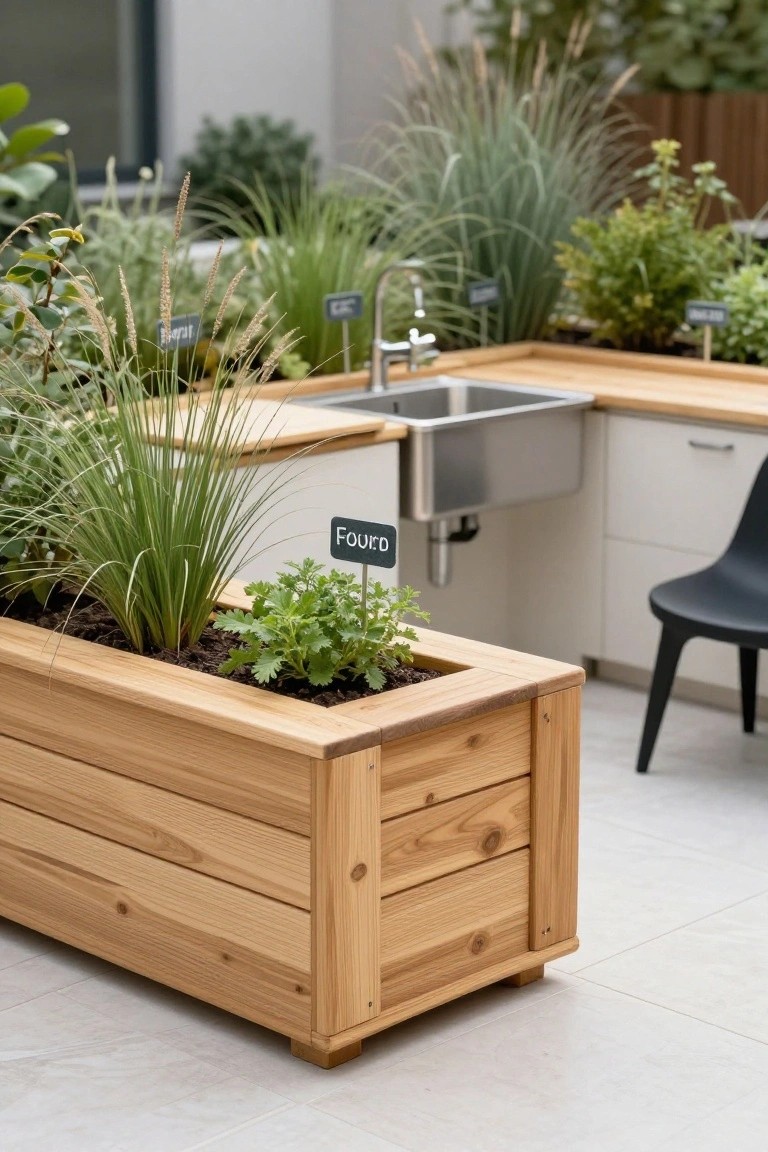 Wooden raised planter box filled with herbs and soil on an outdoor patio, positioned beside a wooden counter with stainless steel sink, surrounded by potted grasses and a black chair.