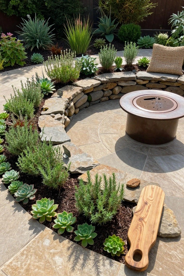 Circular low stone wall on a tiled patio planted with rosemary bushes, succulents, and other herbs, forming built-in seating around a central bronze fire pit with a wooden cutting board nearby.