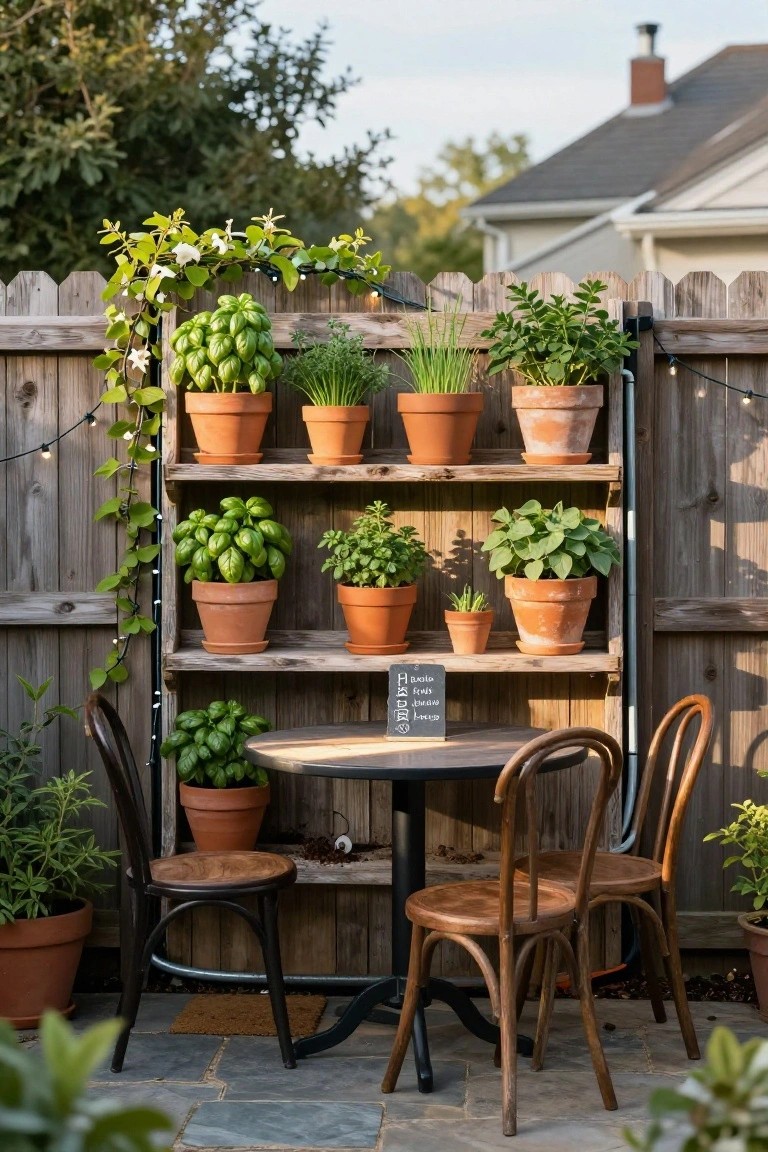 Wooden fence with tiered shelves holding terracotta pots of herbs including basil, a small round metal table with two wooden chairs in front, string lights draped along the fence, and surrounding potted plants on a stone patio.