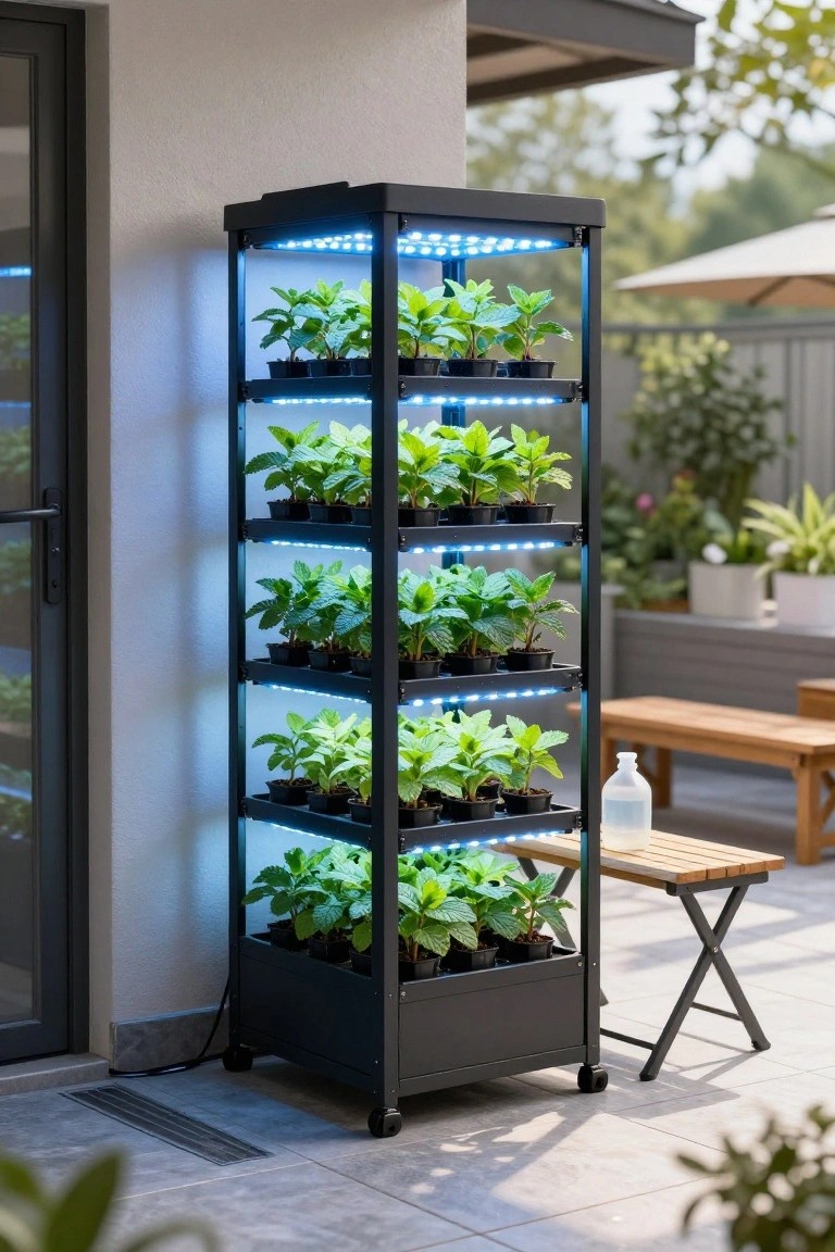 Tall black metal vertical garden tower with multiple shelves holding black nursery pots of young green herb seedlings under blue LED strip lights, positioned on a patio next to a modern house wall with glass door, benches, and potted plants nearby.