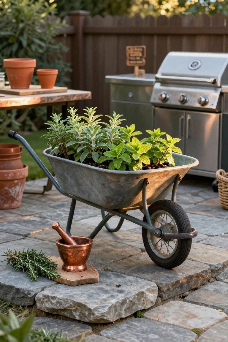 Galvanized wheelbarrow filled with potted herbs including silver variegated sage and mint on a stone patio next to a stainless steel grill, with terracotta pots, wooden table, copper mortar and pestle, and rosemary sprigs on a wooden board nearby.