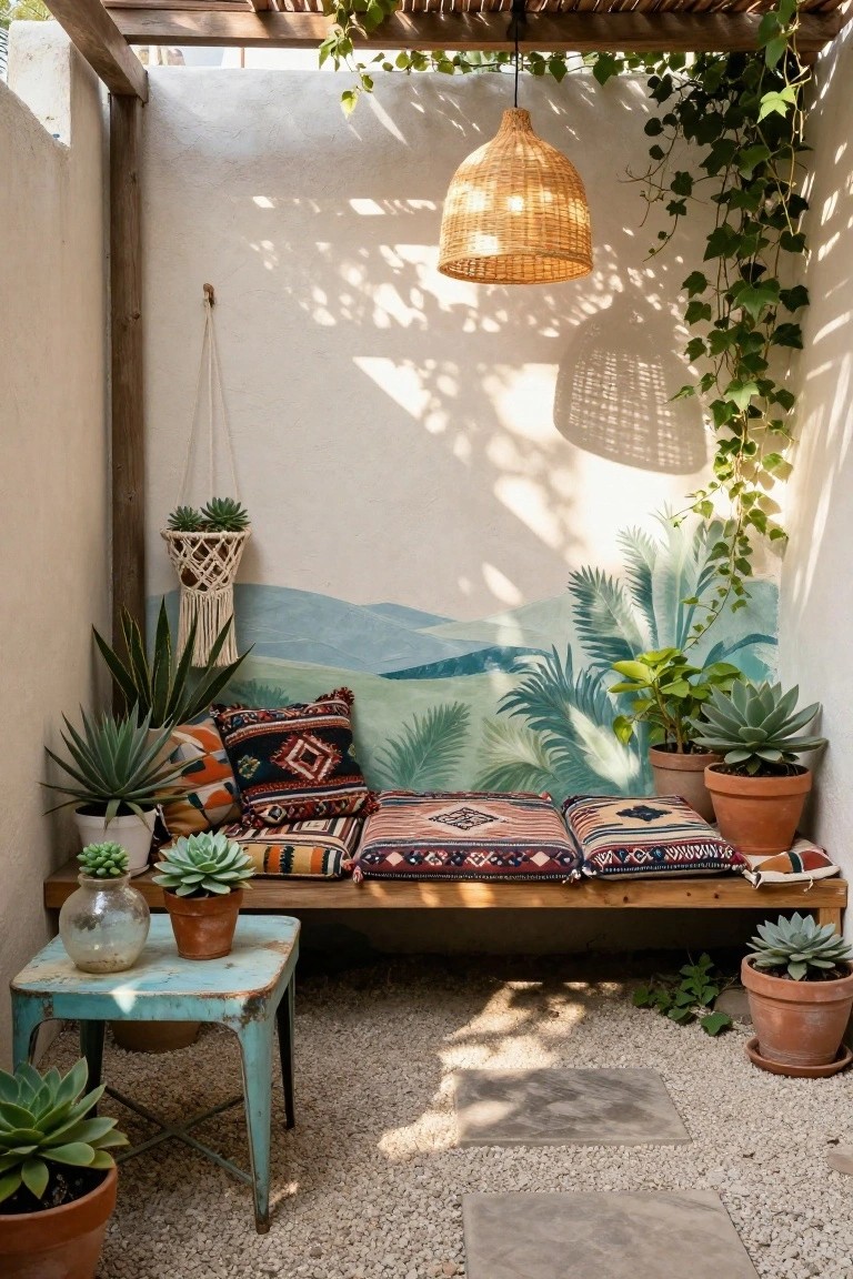 Small outdoor seating area with wooden bench covered in colorful patterned cushions, surrounded by potted succulents and agaves, a turquoise metal side table with plants, macrame hanger, woven pendant light, and a mural of mountains and palms on white wall under wooden pergola with vines.