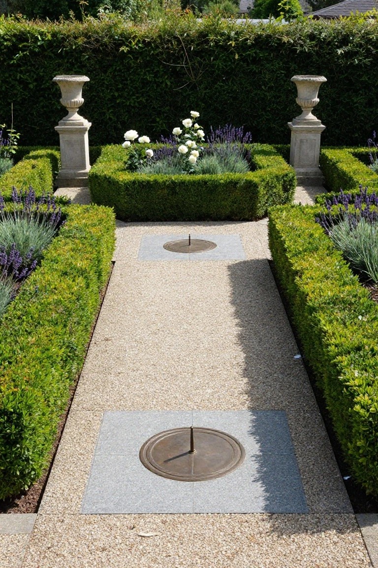 Formal garden with gravel path, stone urns, and bronze sundials.