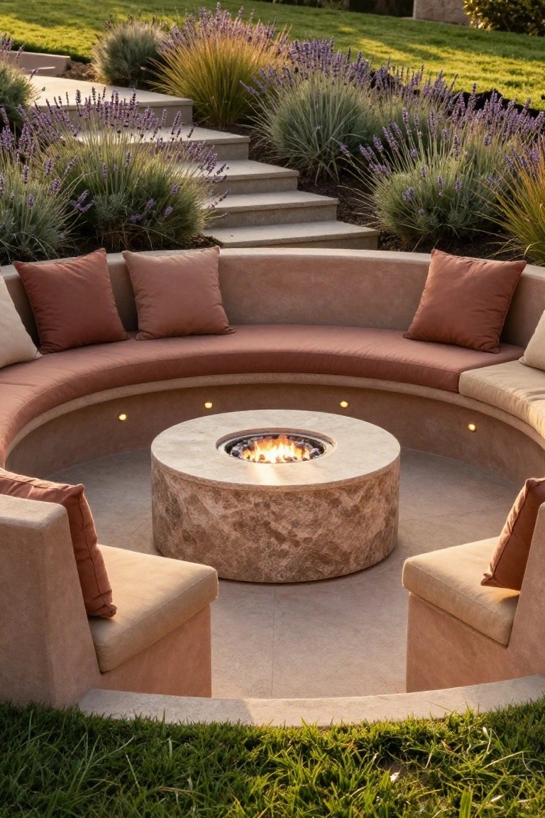 Circular beige stucco bench with terracotta and cream cushions encircling a textured stone gas fire pit in an outdoor garden patio surrounded by lavender plants and stone steps.