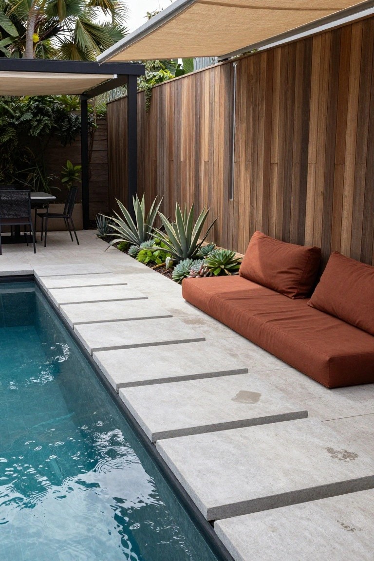 Pool edge with built-in cushioned bench in terracotta, stone paver pathway, succulents and agaves in front, wooden fence backdrop, and shade sail overhead.