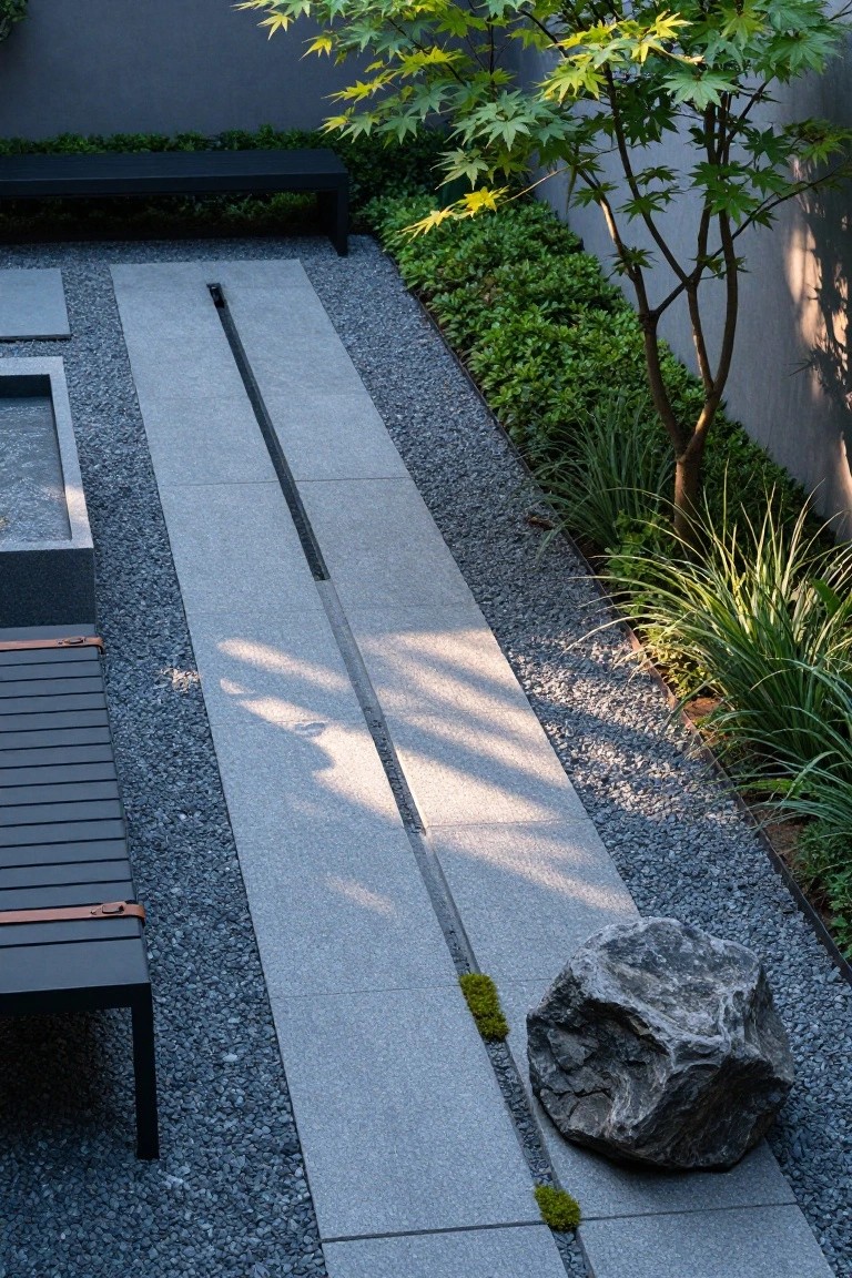 Overhead view of a narrow backyard garden with a linear gray stone pathway through black gravel, a central water channel, Japanese maple tree, wooden benches, lounge chair, large boulder with moss, and low plants against a gray wall.