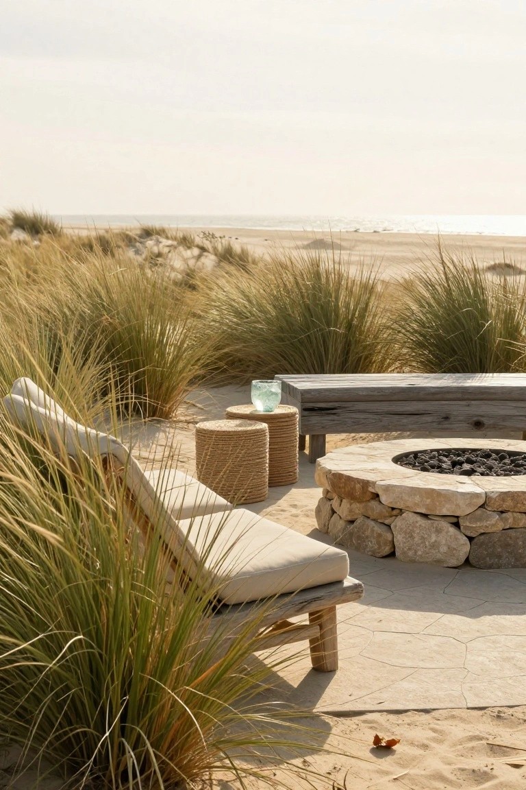 Outdoor patio with circular stone fire pit, weathered wooden bench, rattan stools, beige lounge chair, and tall golden dune grasses bordering a sandy path near the beach and ocean.