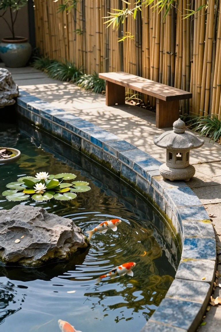 A curved blue-tiled koi pond with orange koi fish, white lily pads, rocks, a stone lantern, wooden bench, plants, and bamboo fence in a backyard garden.