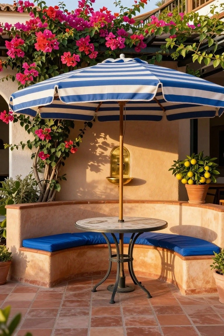 Curved terracotta bench with blue cushions around a small marble-topped table under a blue-and-white striped umbrella on a tiled patio next to a stucco wall, bougainvillea vines, a gold fountain, and potted plants.