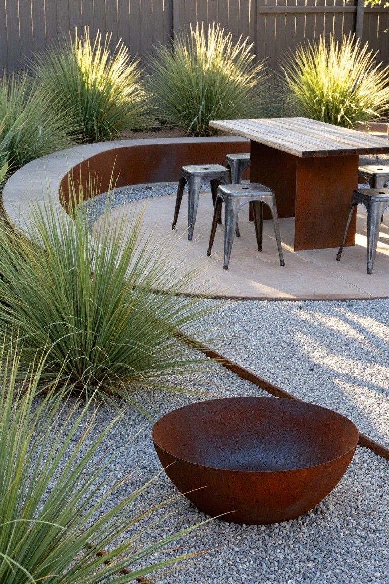 Rustic patio with metal table, stools, fire pit, and tall grasses.