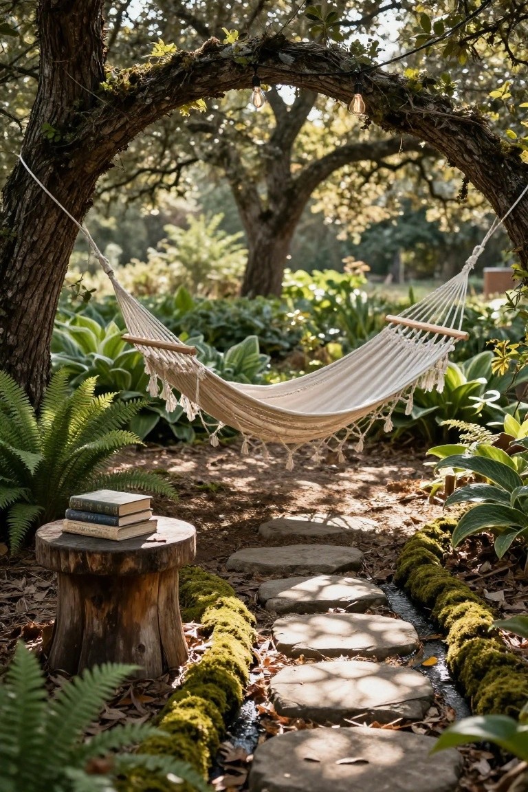 Hammock strung between trees over mossy stepping stones beside books on stump.