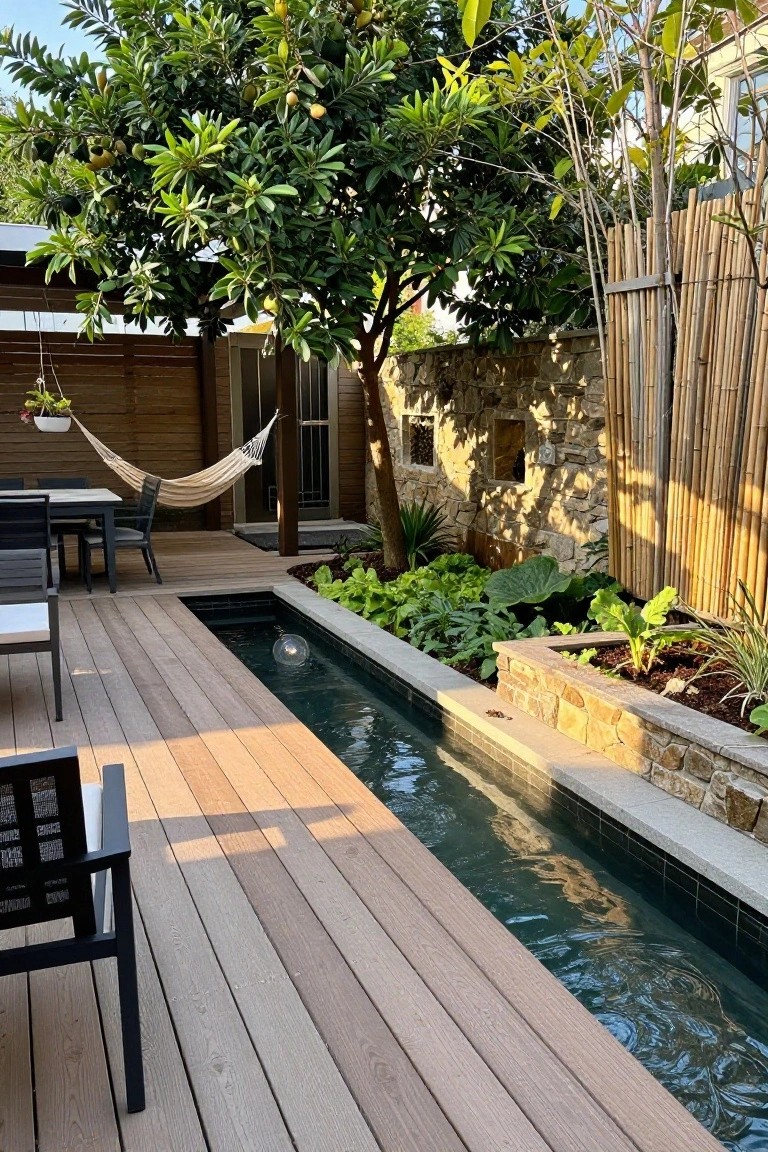 Wooden deck bordering a long narrow rectangular pool with clear rippling water, flanked by lush green plants, stone edging, bamboo fencing, a hammock, and lounge chairs.